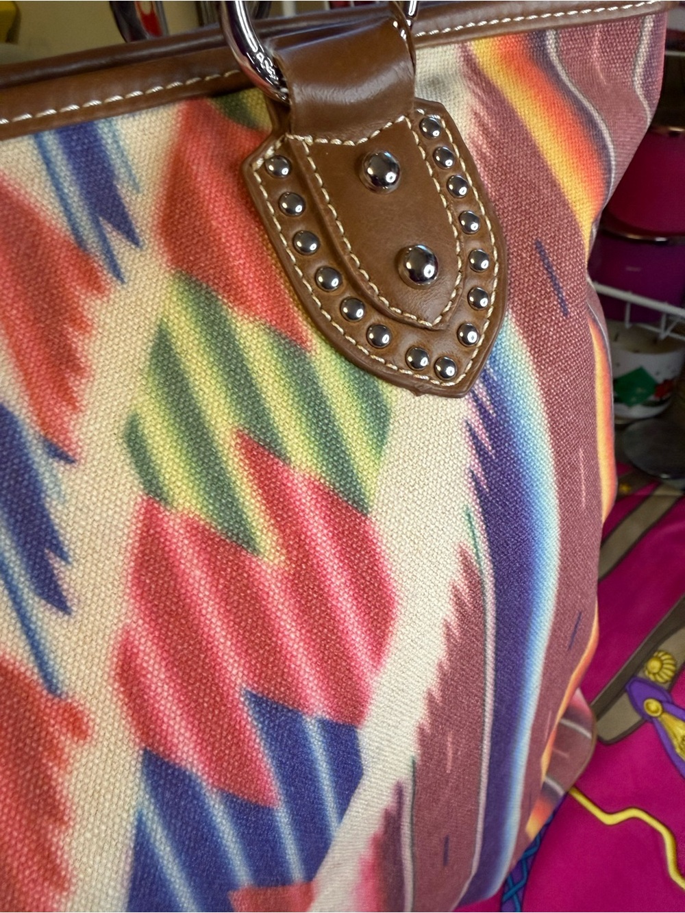 Montana West Southwestern Canvas Tote Bag | Aztec Print | Studded Shoulder Purse - Picture 10 of 15